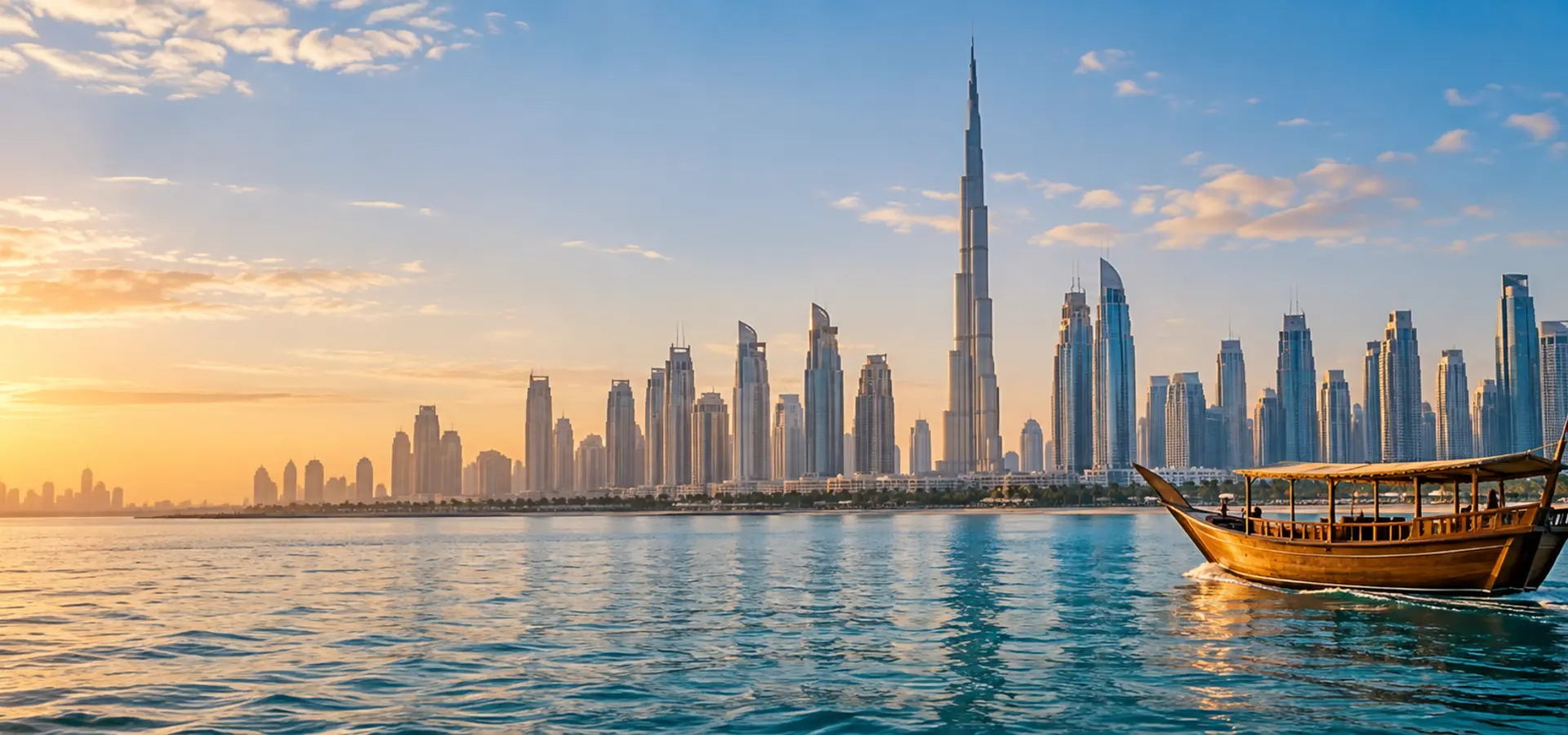 Dubai skyline, Arabian Gulf and heritage dhow